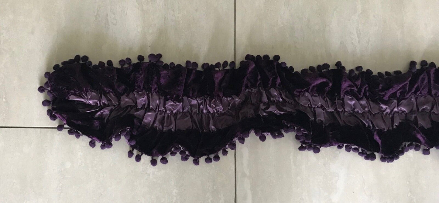 NECK SCARF Purple Velour & Ruched Elastic Satin Scarf w Pom Pom Trim NEW Wrap