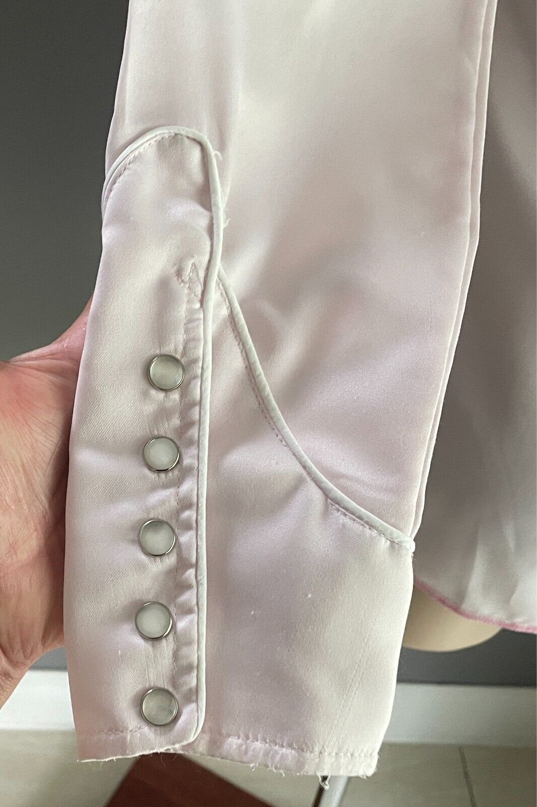 SERONA VALLEY Western Wear Shirt Baby Pink Pearl Snap Mat Satin Size 10 L/Sl Vtg