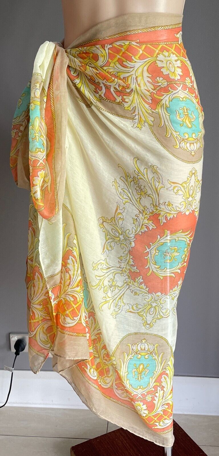 TISS Sarong Yellow Orange Blue Beige Crown & Fleur de Lis Print Size 8 12