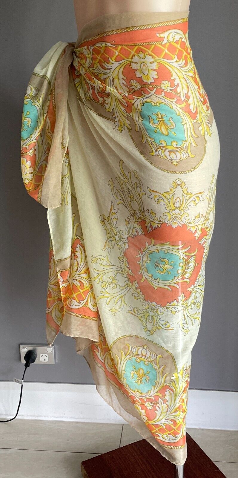 TISS Sarong Yellow Orange Blue Beige Crown & Fleur de Lis Print Size 8 12