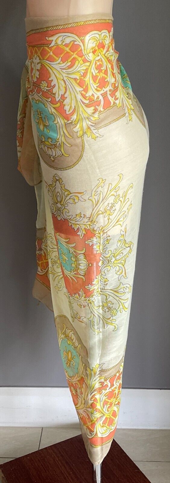 TISS Sarong Yellow Orange Blue Beige Crown & Fleur de Lis Print Size 8 12