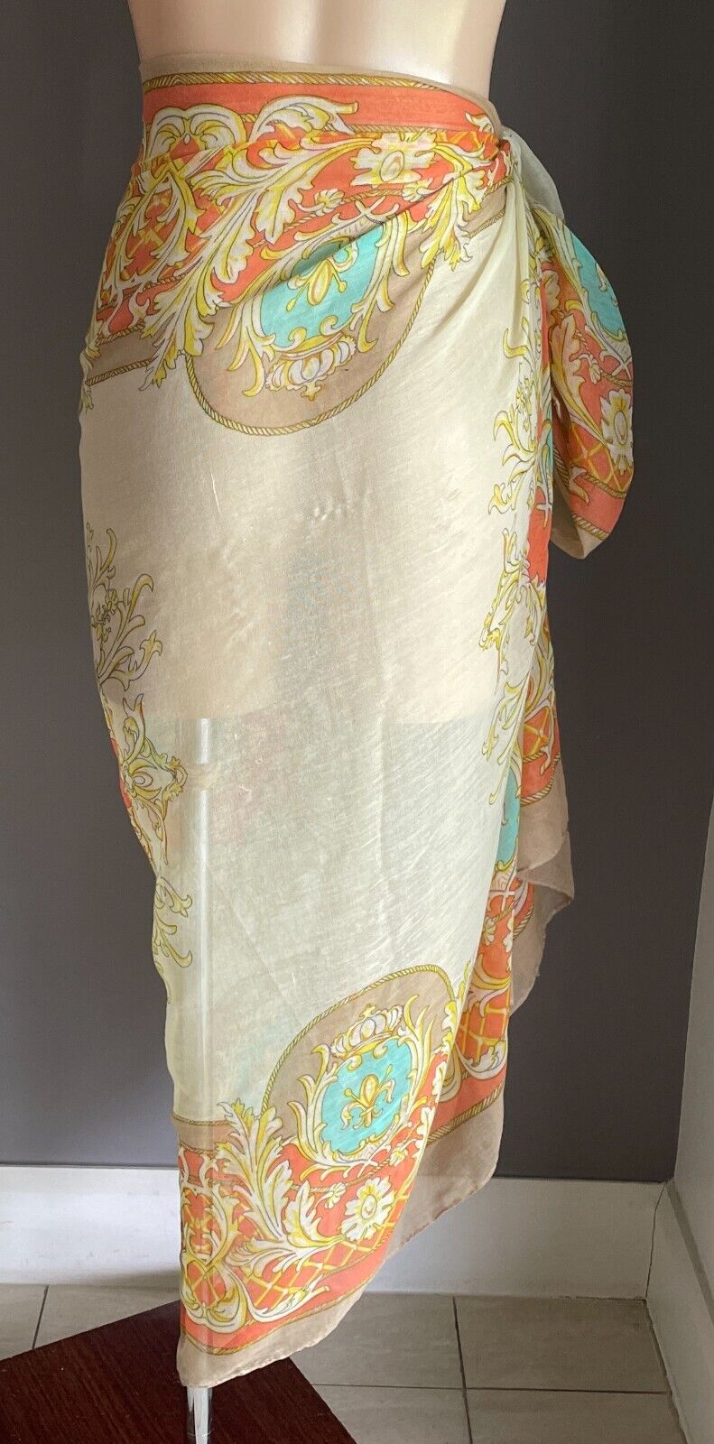 TISS Sarong Yellow Orange Blue Beige Crown & Fleur de Lis Print Size 8 12