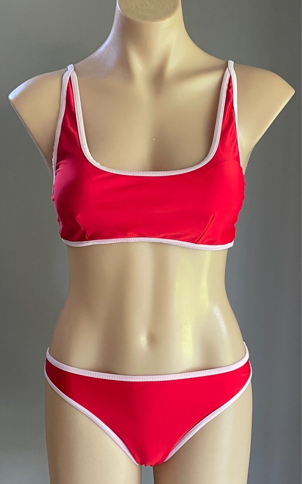 Bikini Set Red and Pink Trim Bralette Top & Cheeky Bikini Bottoms Size S Stretch