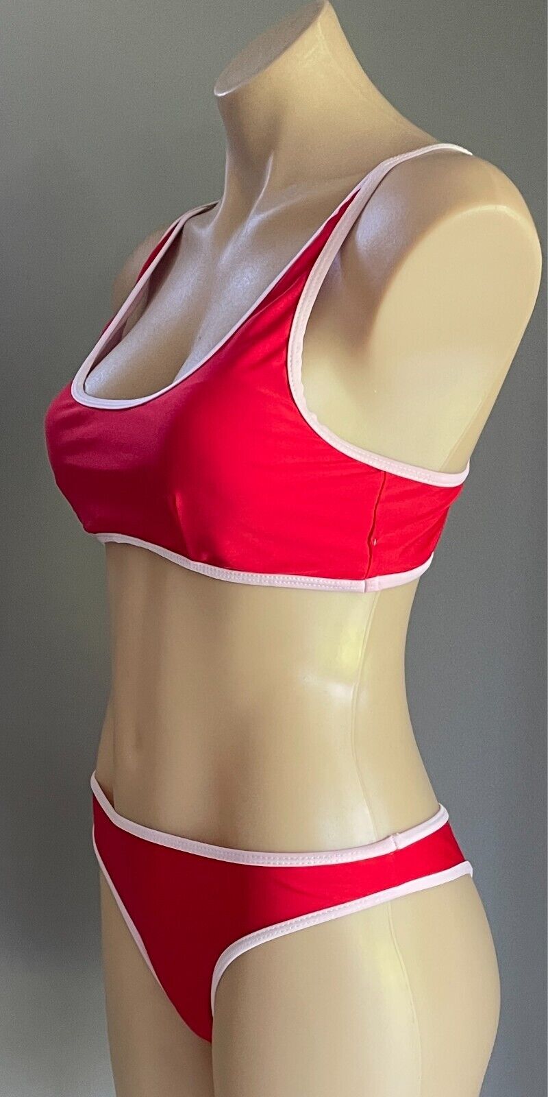 Bikini Set Red and Pink Trim Bralette Top & Cheeky Bikini Bottoms Size S Stretch
