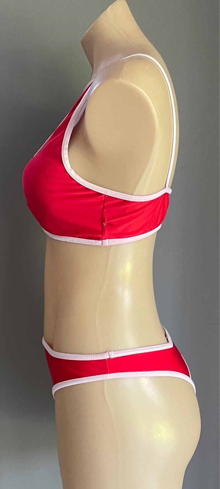 Bikini Set Red and Pink Trim Bralette Top & Cheeky Bikini Bottoms Size S Stretch