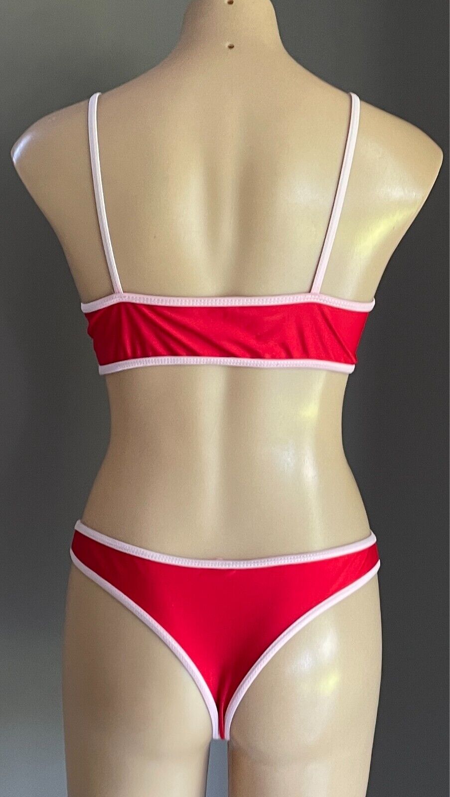 Bikini Set Red and Pink Trim Bralette Top & Cheeky Bikini Bottoms Size S Stretch