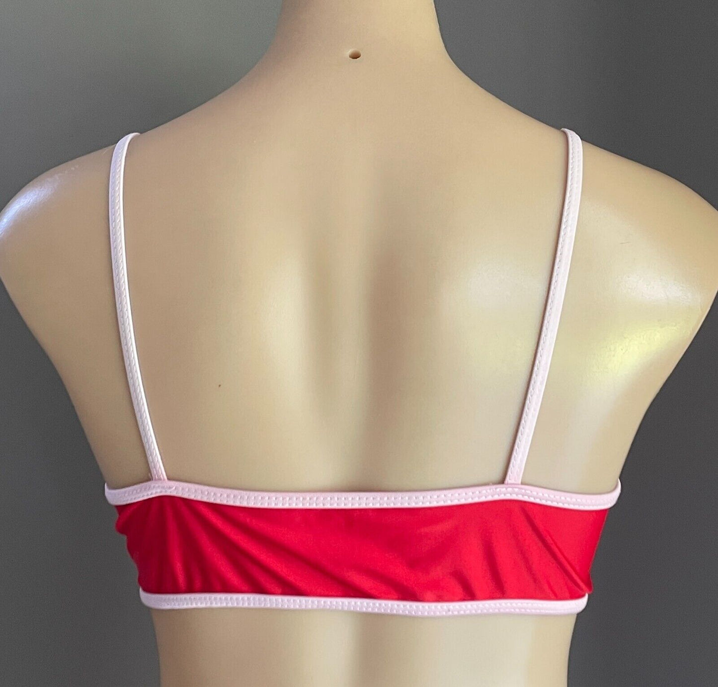 Bikini Set Red and Pink Trim Bralette Top & Cheeky Bikini Bottoms Size S Stretch