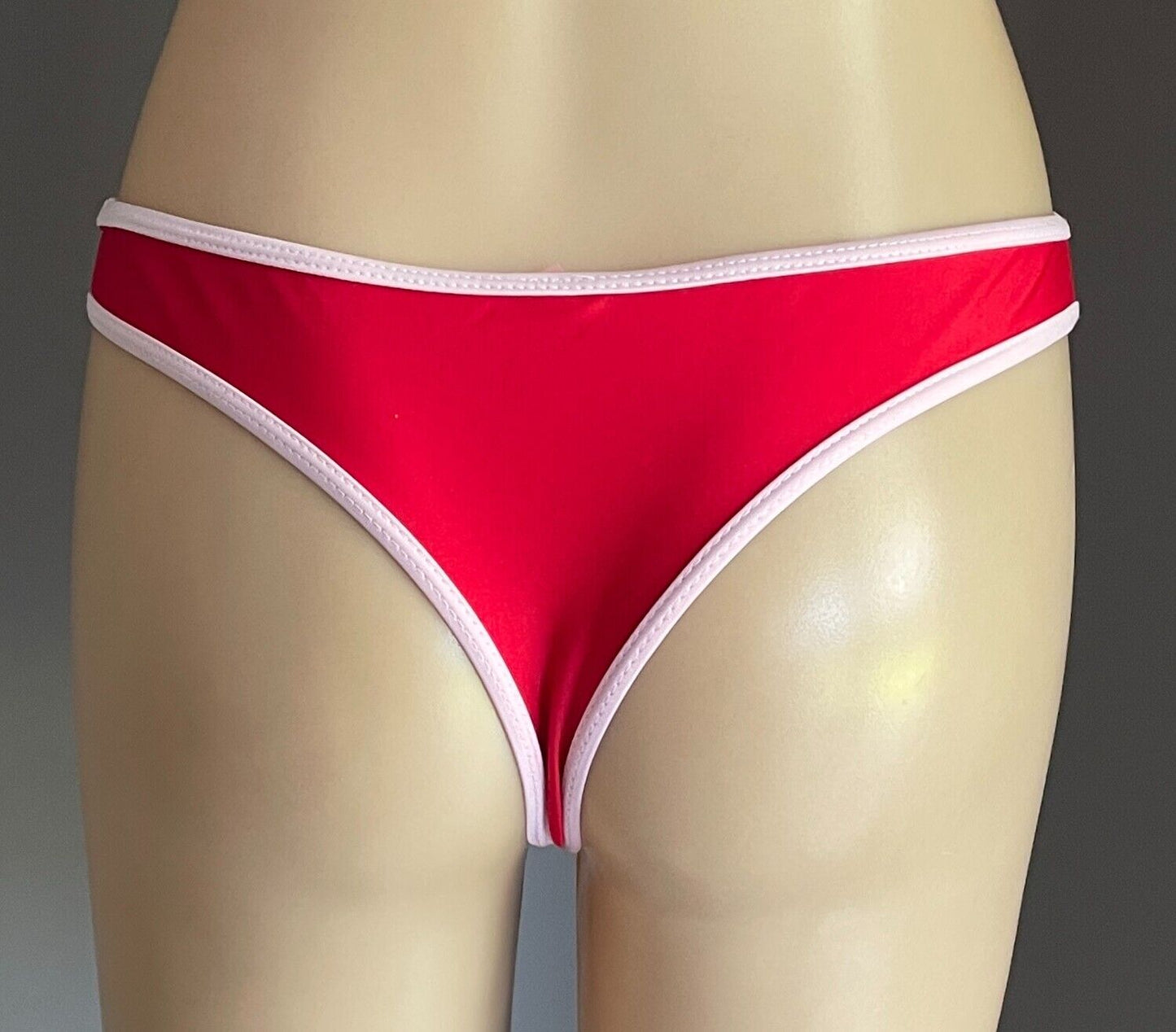Bikini Set Red and Pink Trim Bralette Top & Cheeky Bikini Bottoms Size S Stretch