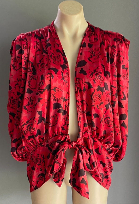 AMI Top Black Red Grey Roses Size 10 14 Sleeveless Tie Front Blousey Vintage