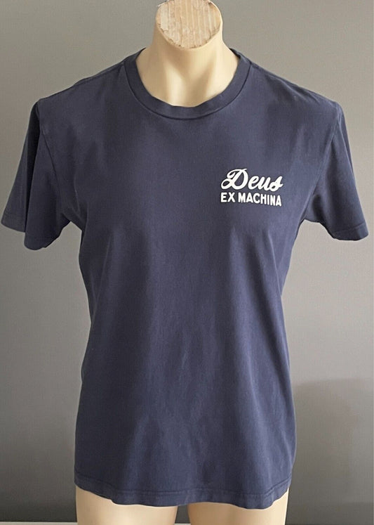 DEUS EX MACHINA Tee Navy Blue T-Shirt Short Sleeves White Print Mens Size M