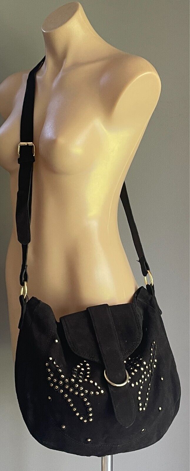 SPORTSGIRL Saddle Bag Black Suede Leather Shoulder Bag Gold Stud Trim