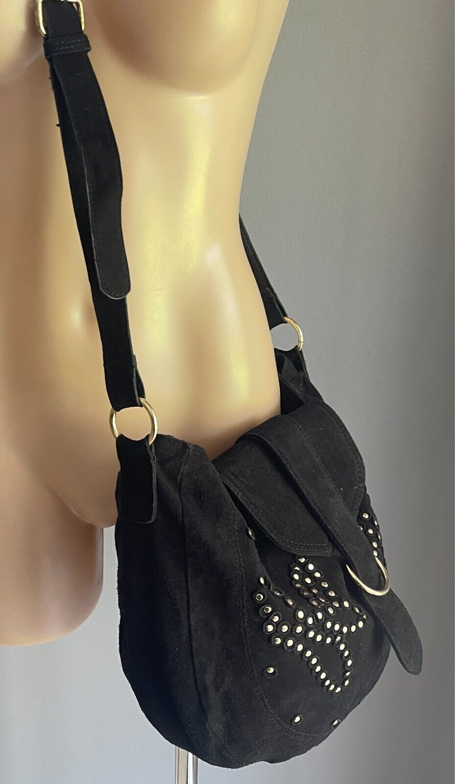 SPORTSGIRL Saddle Bag Black Suede Leather Shoulder Bag Gold Stud Trim