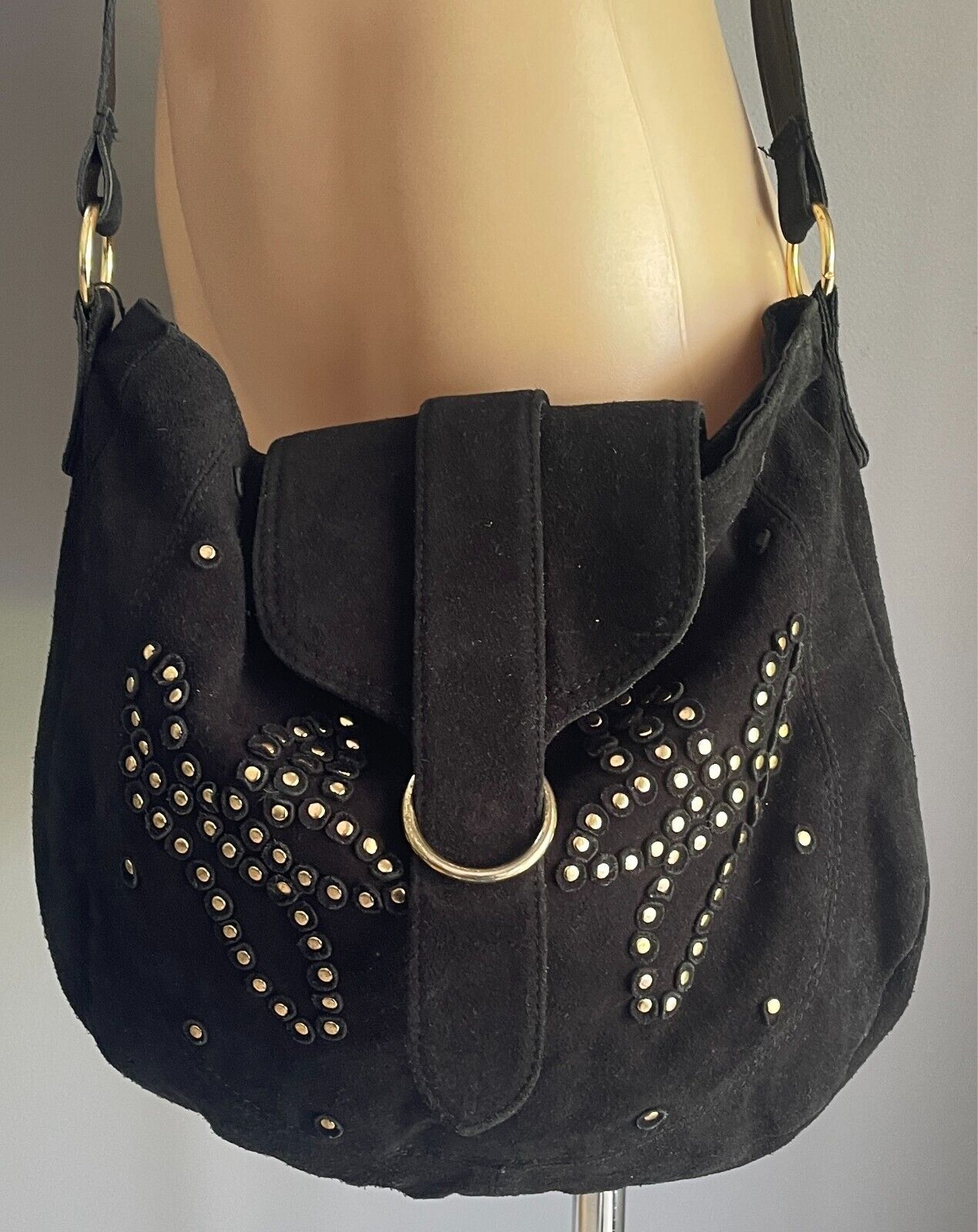 SPORTSGIRL Saddle Bag Black Suede Leather Shoulder Bag Gold Stud Trim