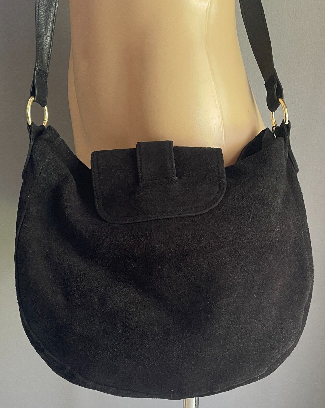 SPORTSGIRL Saddle Bag Black Suede Leather Shoulder Bag Gold Stud Trim