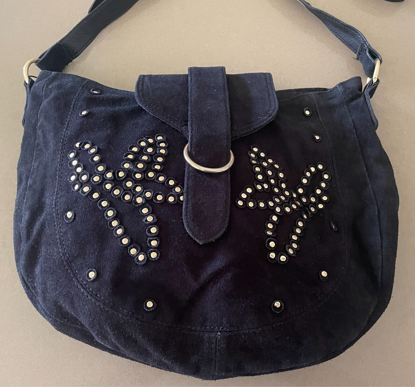 SPORTSGIRL Saddle Bag Black Suede Leather Shoulder Bag Gold Stud Trim
