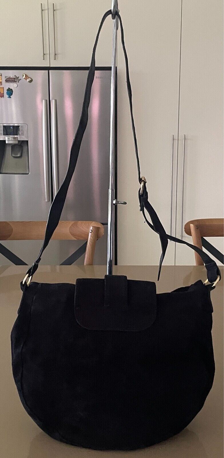 SPORTSGIRL Saddle Bag Black Suede Leather Shoulder Bag Gold Stud Trim
