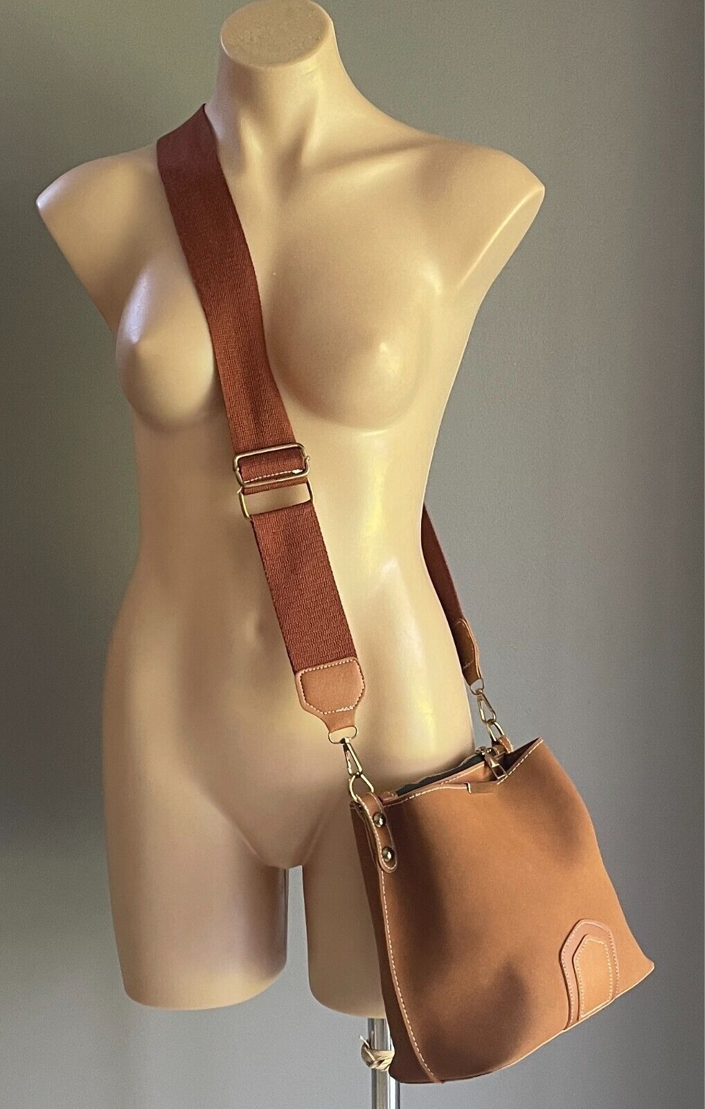 Tan Bucket Shoulder Bag Faux Suede & PU Trim Long Adjustable Canvas Strap