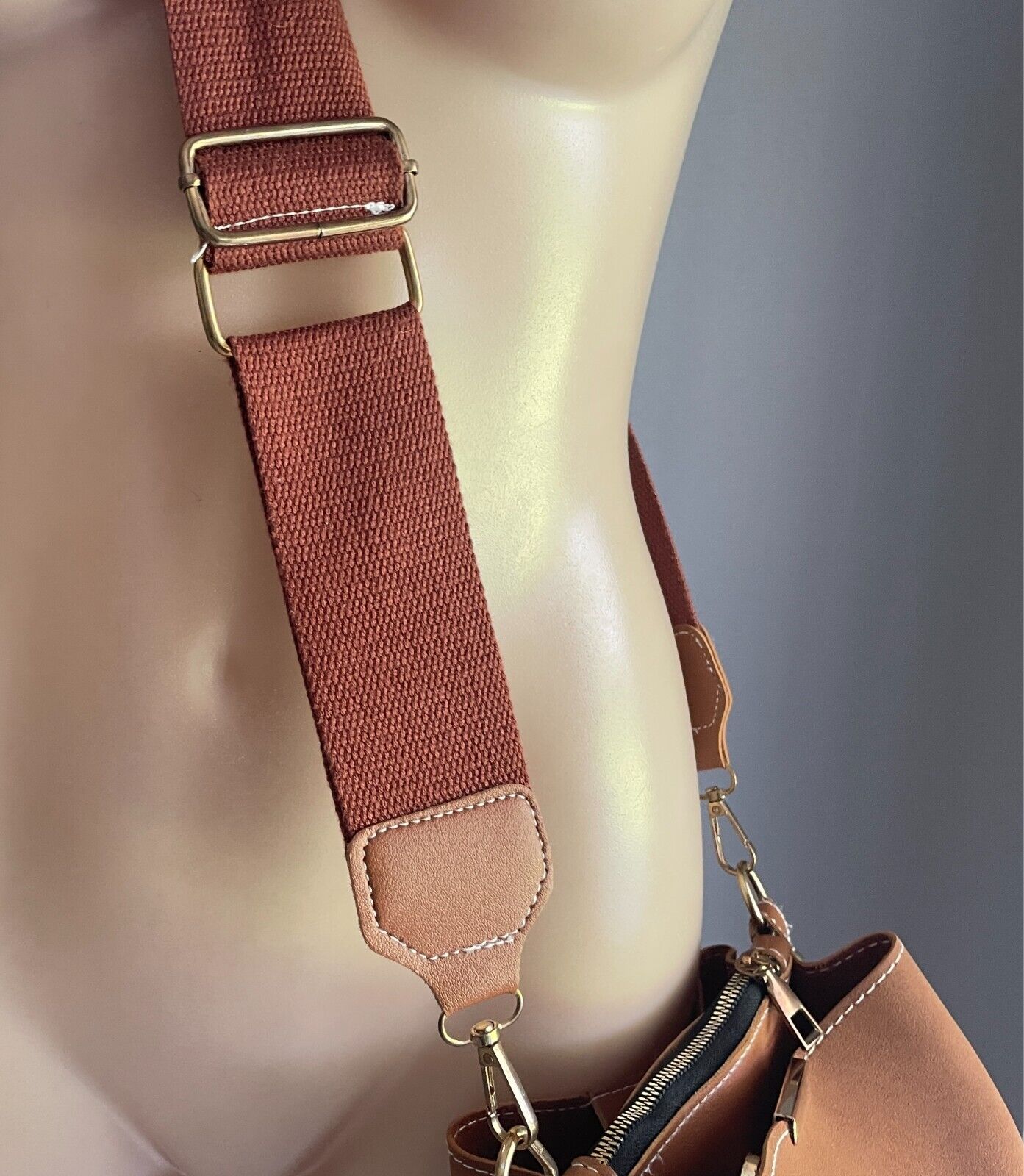 Tan Bucket Shoulder Bag Faux Suede & PU Trim Long Adjustable Canvas Strap