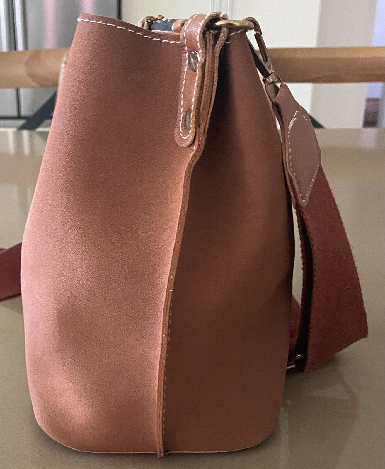 Tan Bucket Shoulder Bag Faux Suede & PU Trim Long Adjustable Canvas Strap