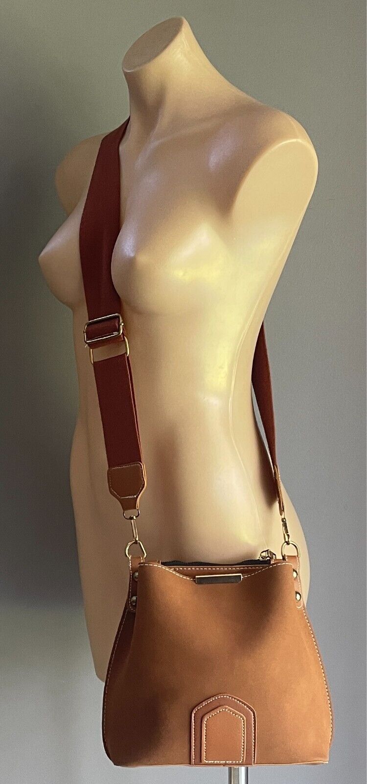 Tan Bucket Shoulder Bag Faux Suede & PU Trim Long Adjustable Canvas Strap