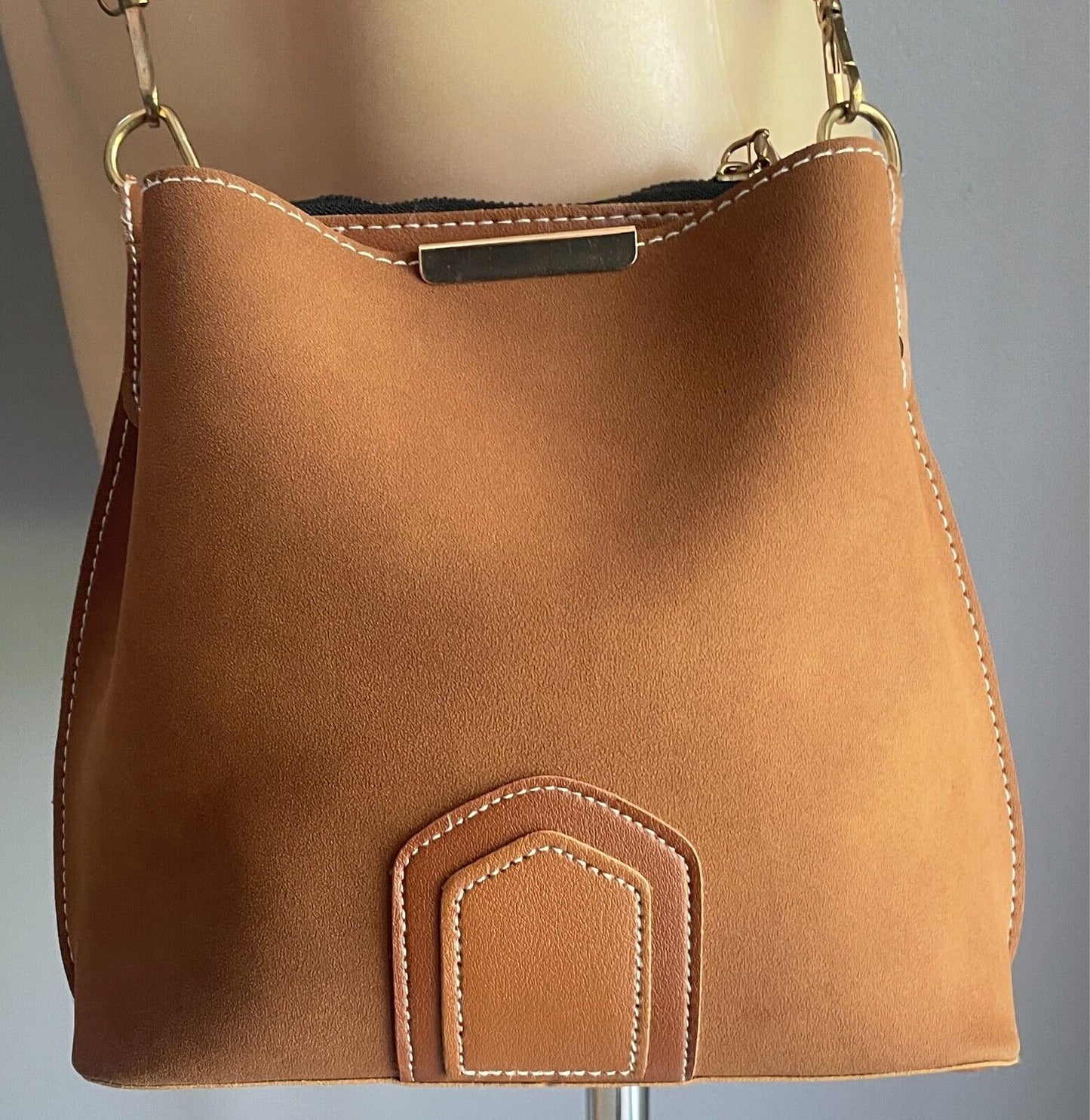 Tan Bucket Shoulder Bag Faux Suede & PU Trim Long Adjustable Canvas Strap
