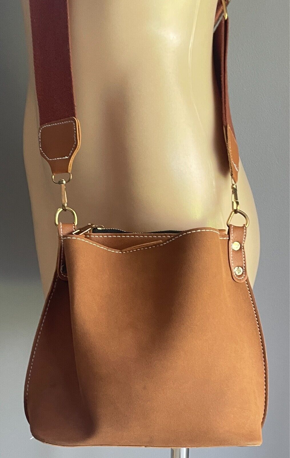 Tan Bucket Shoulder Bag Faux Suede & PU Trim Long Adjustable Canvas Strap