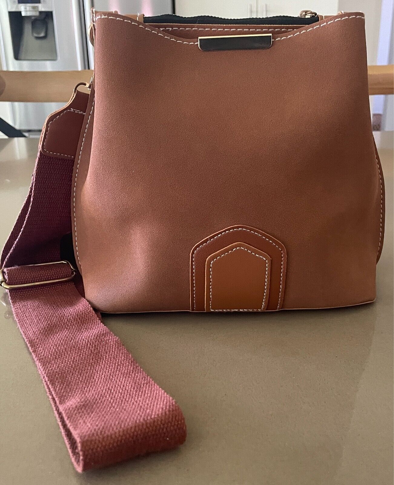 Tan Bucket Shoulder Bag Faux Suede & PU Trim Long Adjustable Canvas Strap