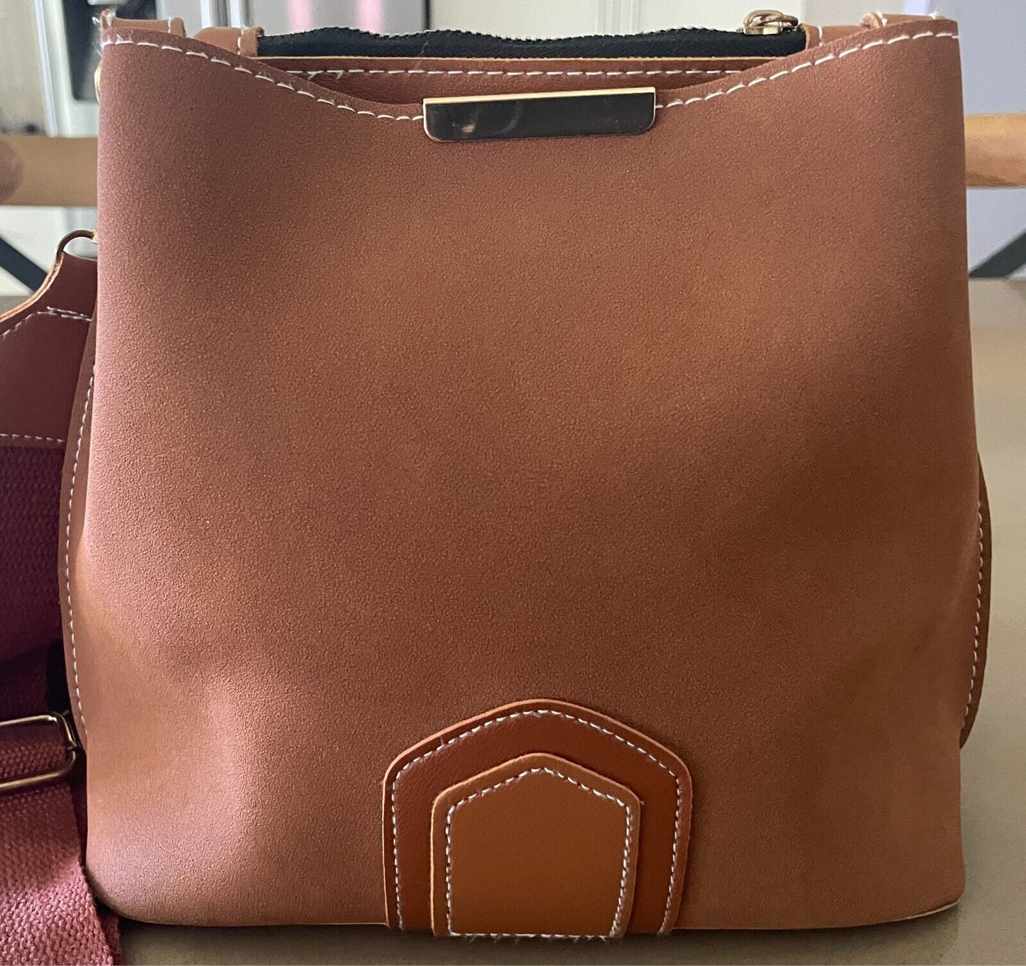 Tan Bucket Shoulder Bag Faux Suede & PU Trim Long Adjustable Canvas Strap