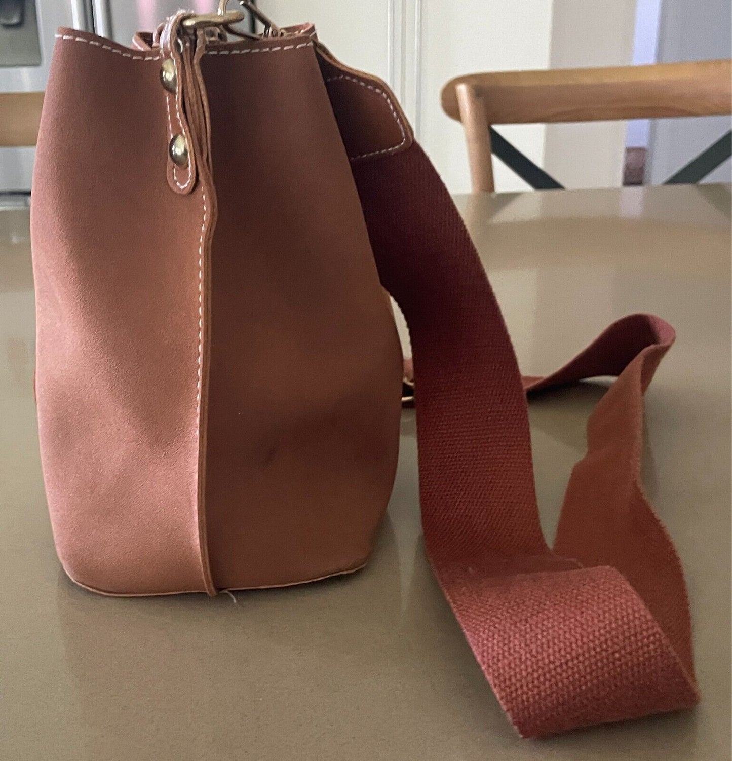 Tan Bucket Shoulder Bag Faux Suede & PU Trim Long Adjustable Canvas Strap