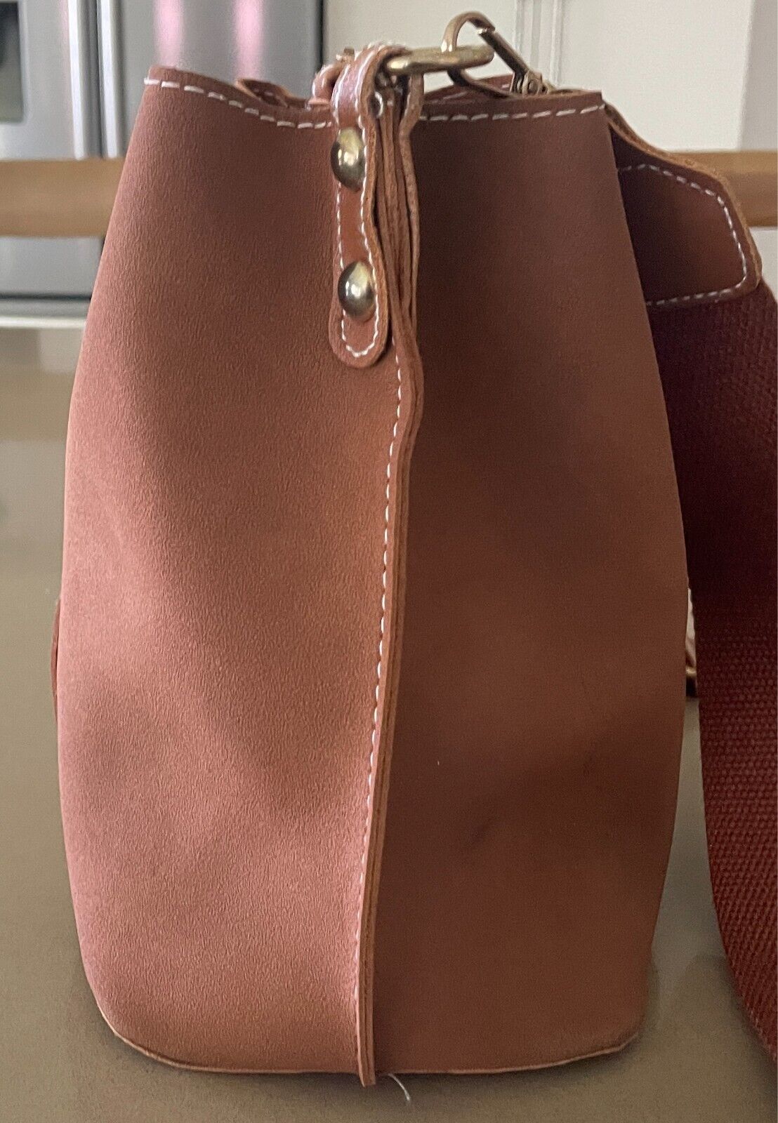 Tan Bucket Shoulder Bag Faux Suede & PU Trim Long Adjustable Canvas Strap