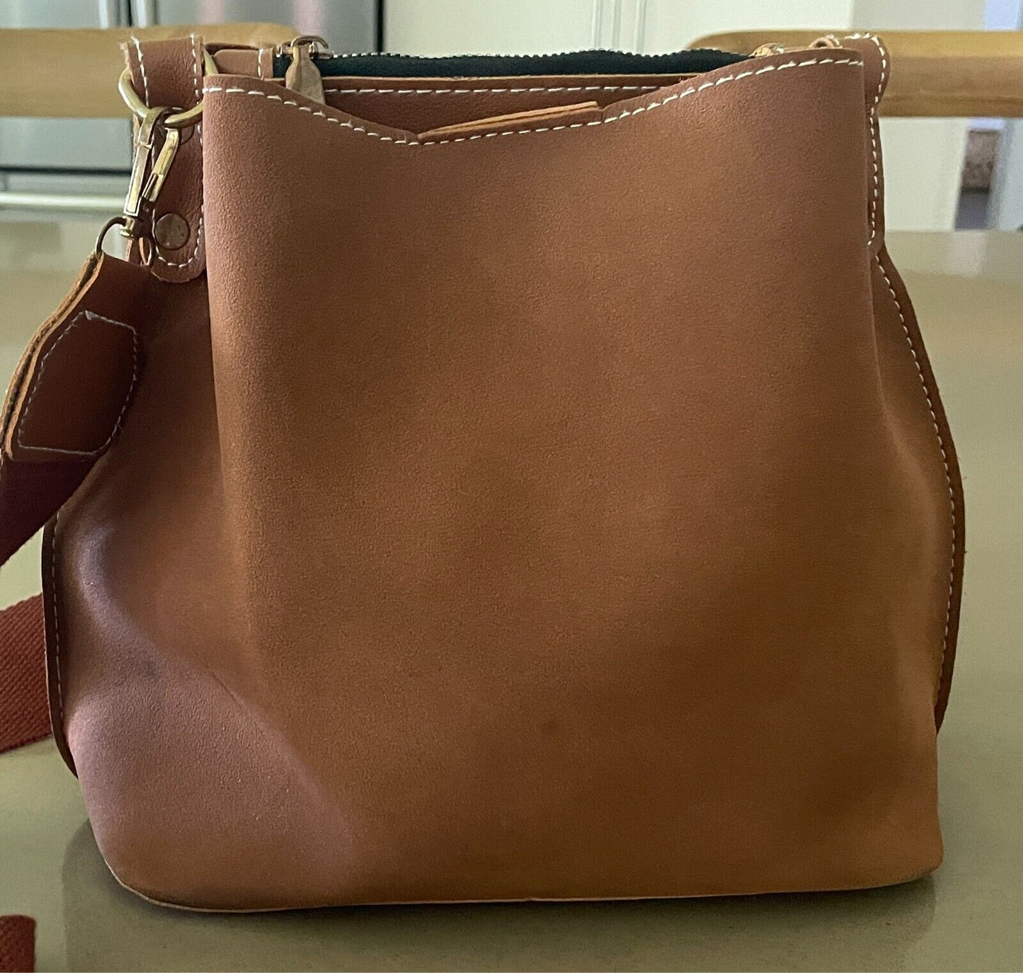 Tan Bucket Shoulder Bag Faux Suede & PU Trim Long Adjustable Canvas Strap