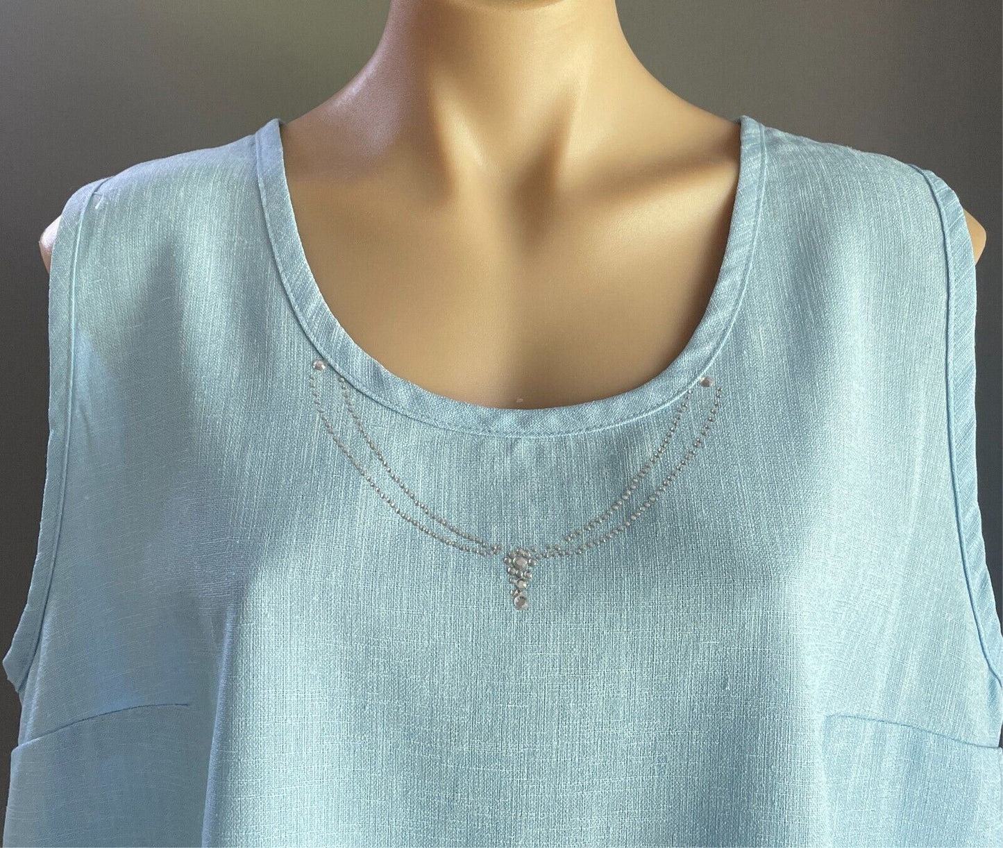 C WATER Top Light Blue Sleeveless Camisole Size XL Crystal Trim At Round Neck