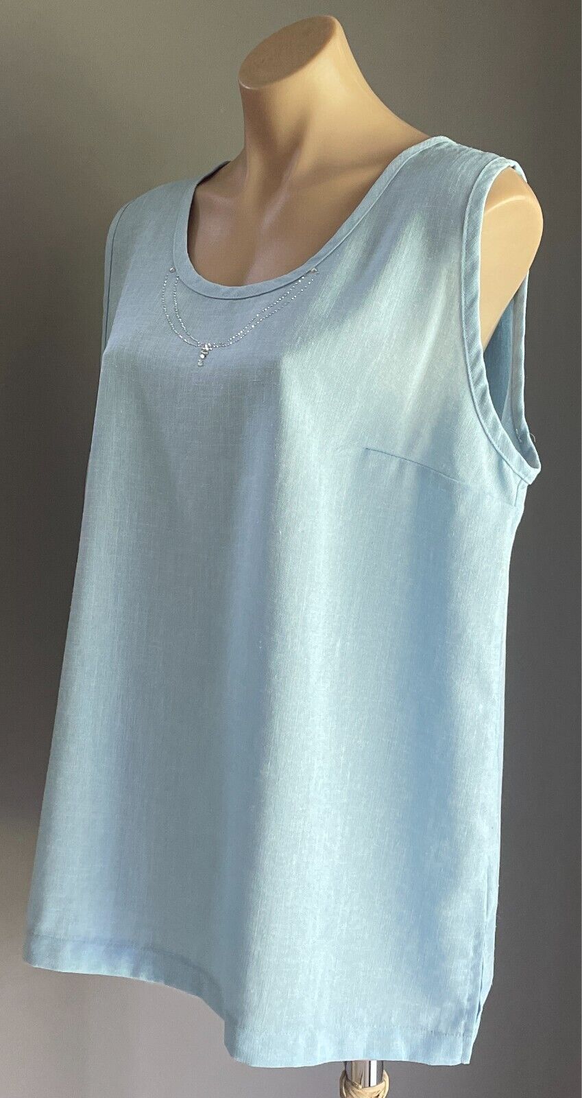 C WATER Top Light Blue Sleeveless Camisole Size XL Crystal Trim At Round Neck