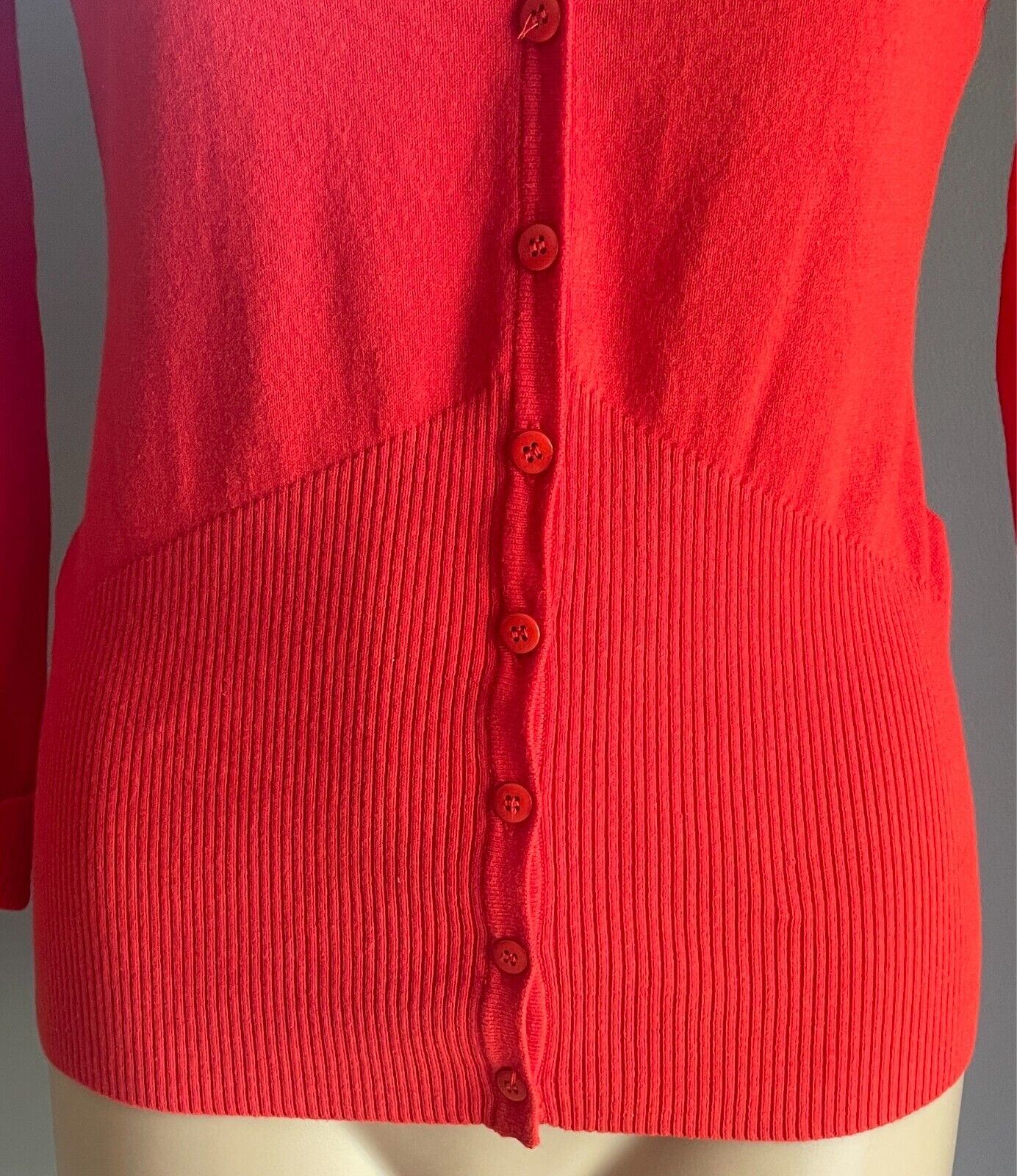 QUEENSPARK WOMAN Cardigan Tangerine Red Fine Knit Button Front Size S 3/4 Sleeve