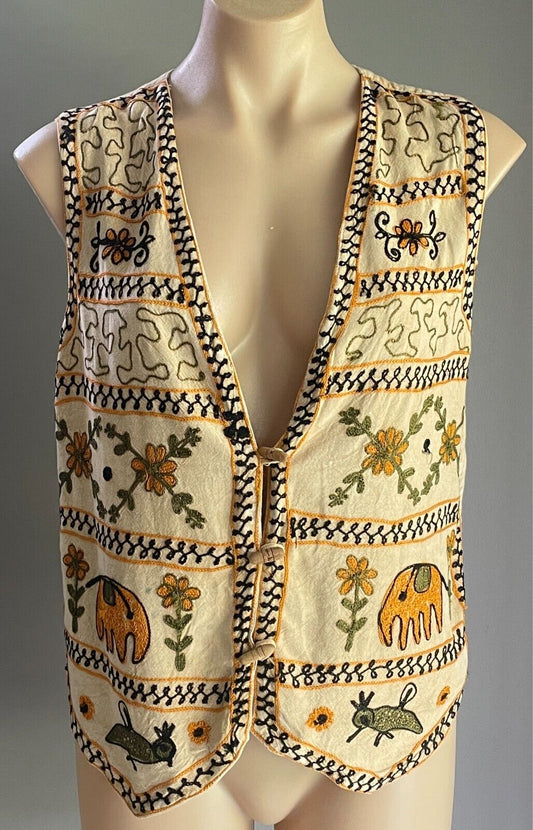 Vintage 1970s Hippie Vest Sleeveless Tan Black Orange Khaki Embroidery Size 10