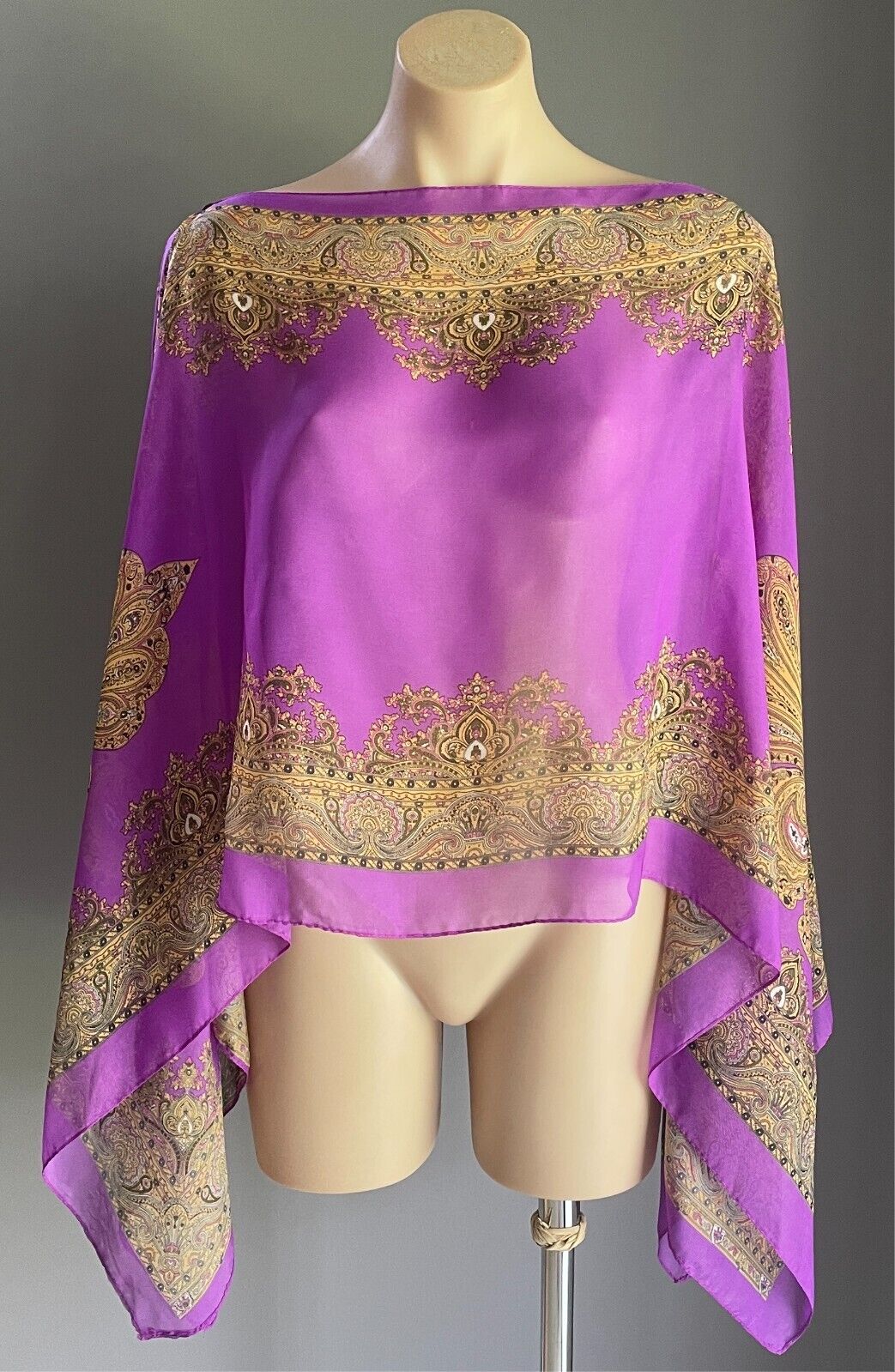 Poncho Cape Purple & Multicolour Paisley Print Lightweight Fabric - Free Size