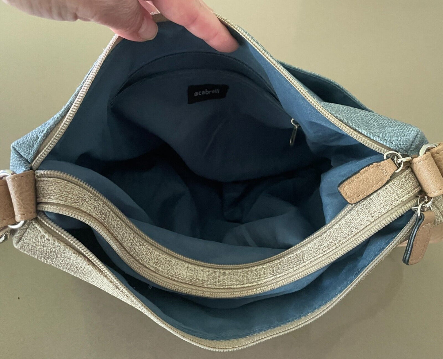 CABRELLI Crossbody/Shoulder Bag Shades of Blue & Beige Textured PU Adjustable