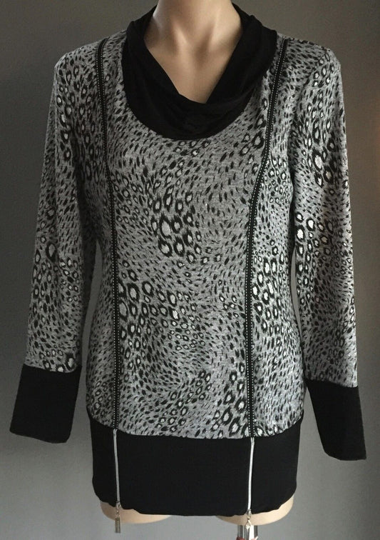 FRANK LYMAN Top Side Zips Grey Black Metallic Cowl Neck Knit Ladies Size 10 NEW