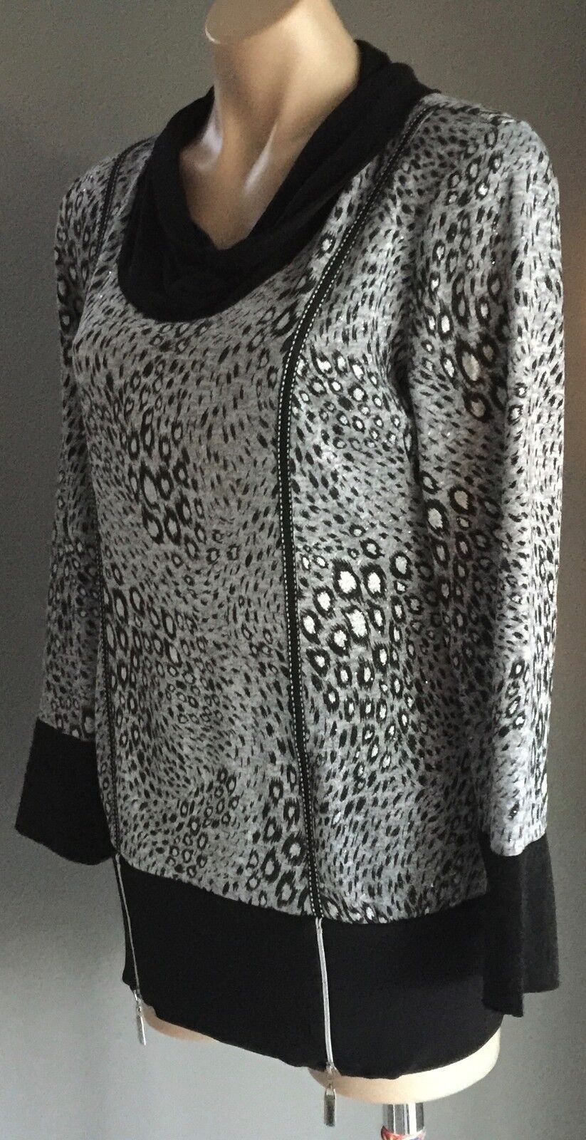 FRANK LYMAN Top Side Zips Grey Black Metallic Cowl Neck Knit Ladies Size 10 NEW