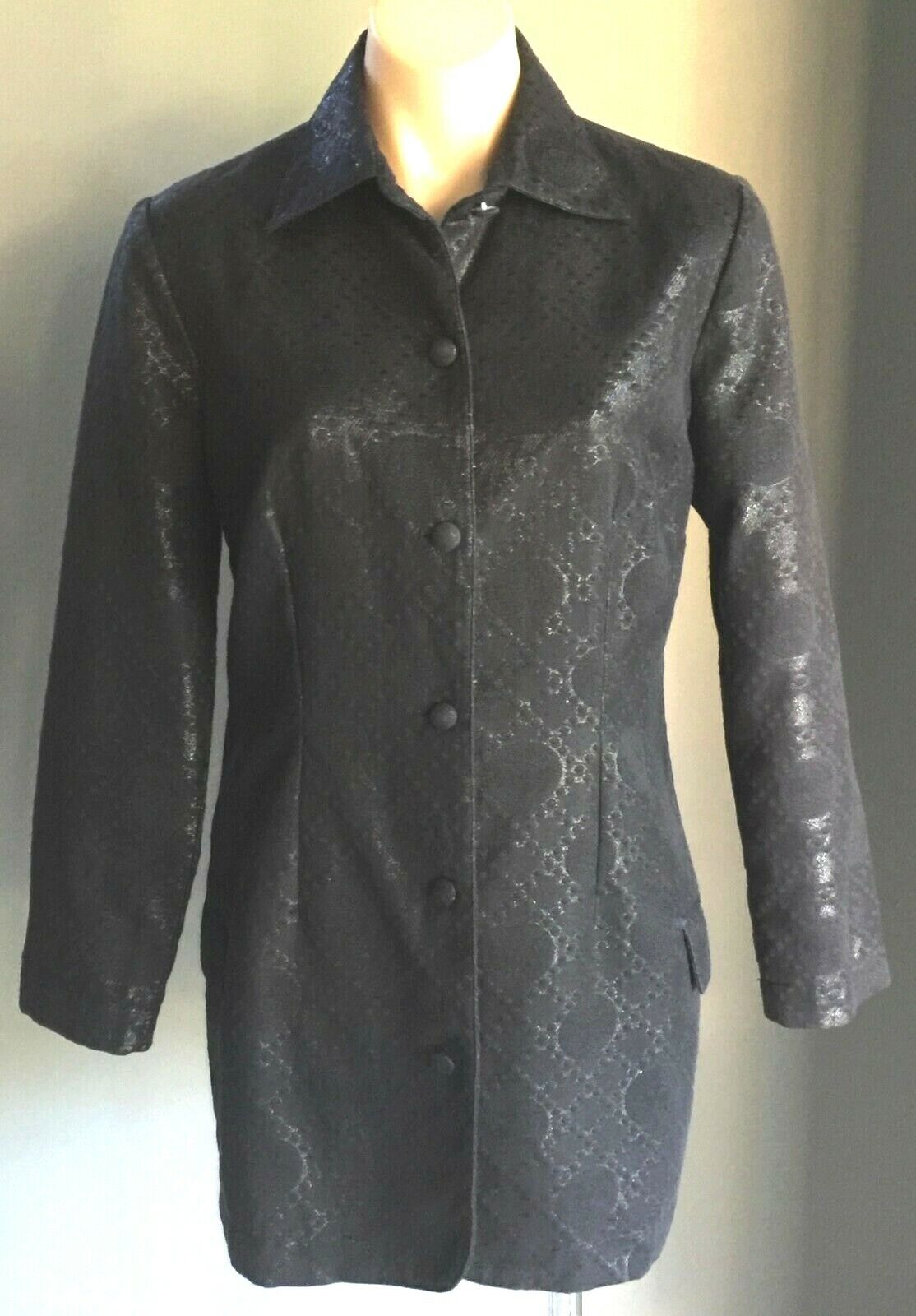 JACQUI FERNANDES Coat Black Jacquard Silver Lurex Brocade Size 10 Vintage 1997