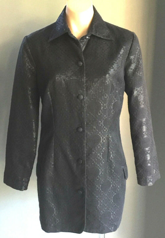 JACQUI FERNANDES Coat Black Jacquard Silver Lurex Brocade Size 10 Vintage 1997
