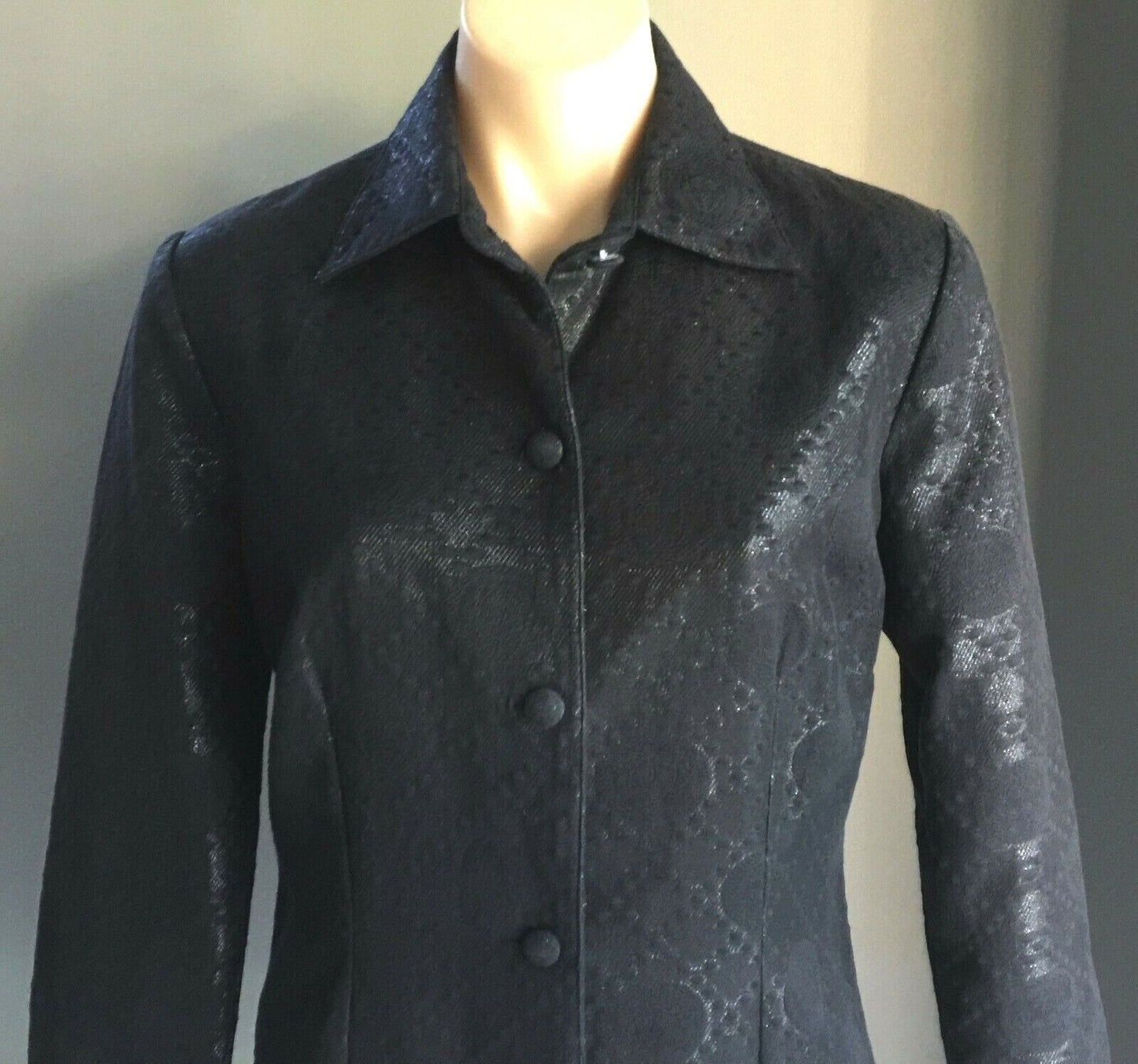 JACQUI FERNANDES Coat Black Jacquard Silver Lurex Brocade Size 10 Vintage 1997