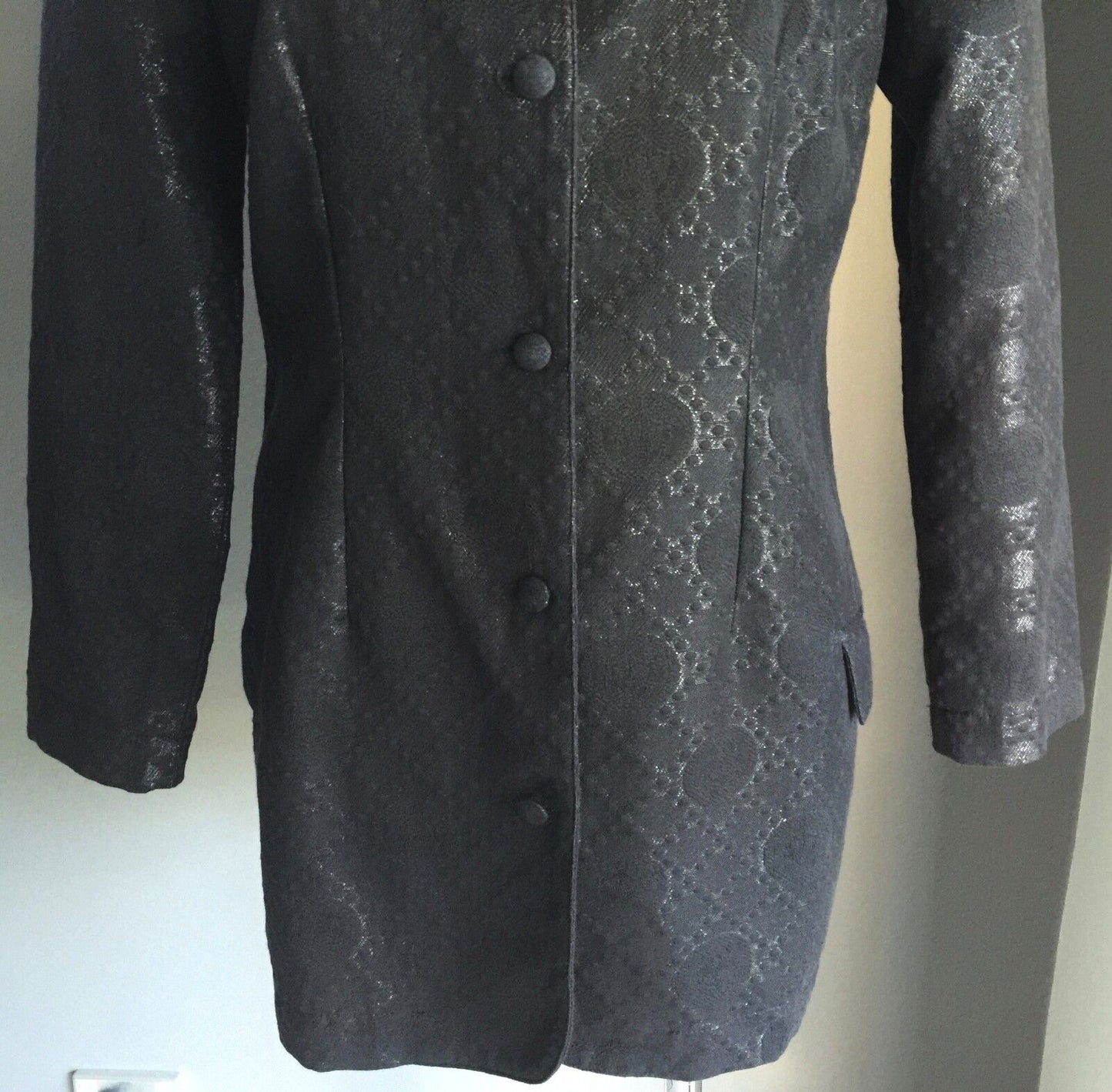JACQUI FERNANDES Coat Black Jacquard Silver Lurex Brocade Size 10 Vintage 1997