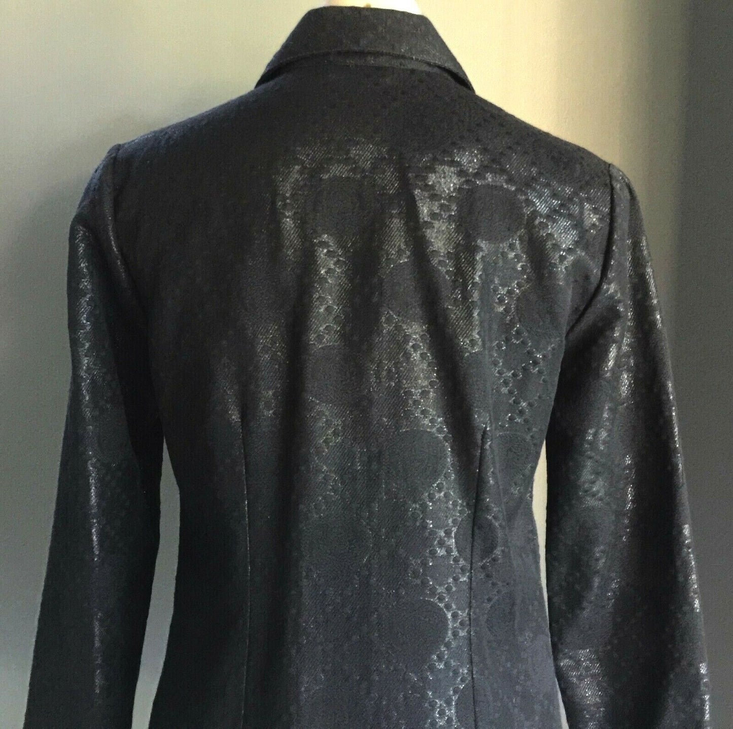 JACQUI FERNANDES Coat Black Jacquard Silver Lurex Brocade Size 10 Vintage 1997