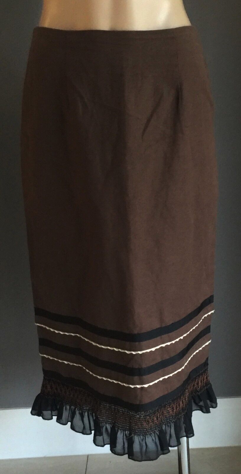 VERTICE Straight Skirt Brown & Black Linen Cotton Ruffle Hem Size 10 NZ NEW