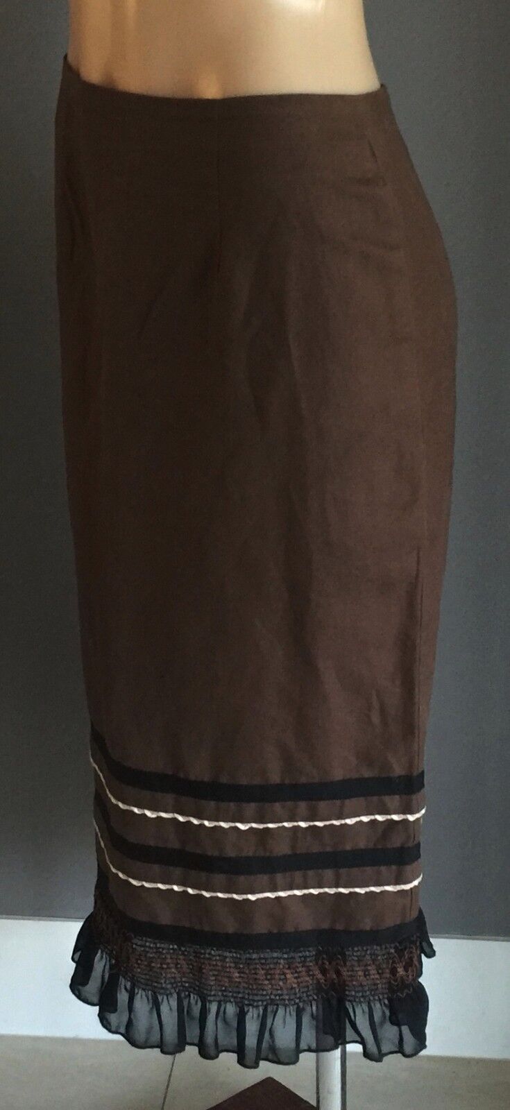 VERTICE Straight Skirt Brown & Black Linen Cotton Ruffle Hem Size 10 NZ NEW