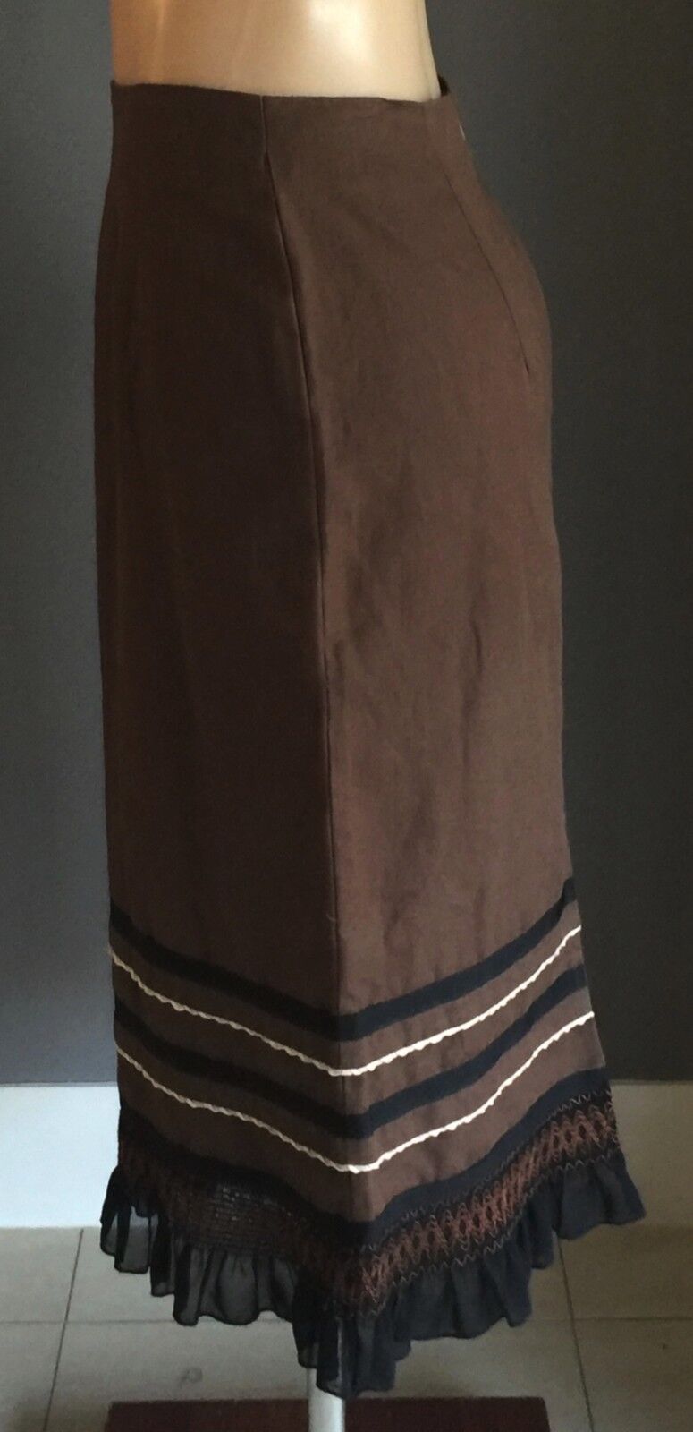 VERTICE Straight Skirt Brown & Black Linen Cotton Ruffle Hem Size 10 NZ NEW
