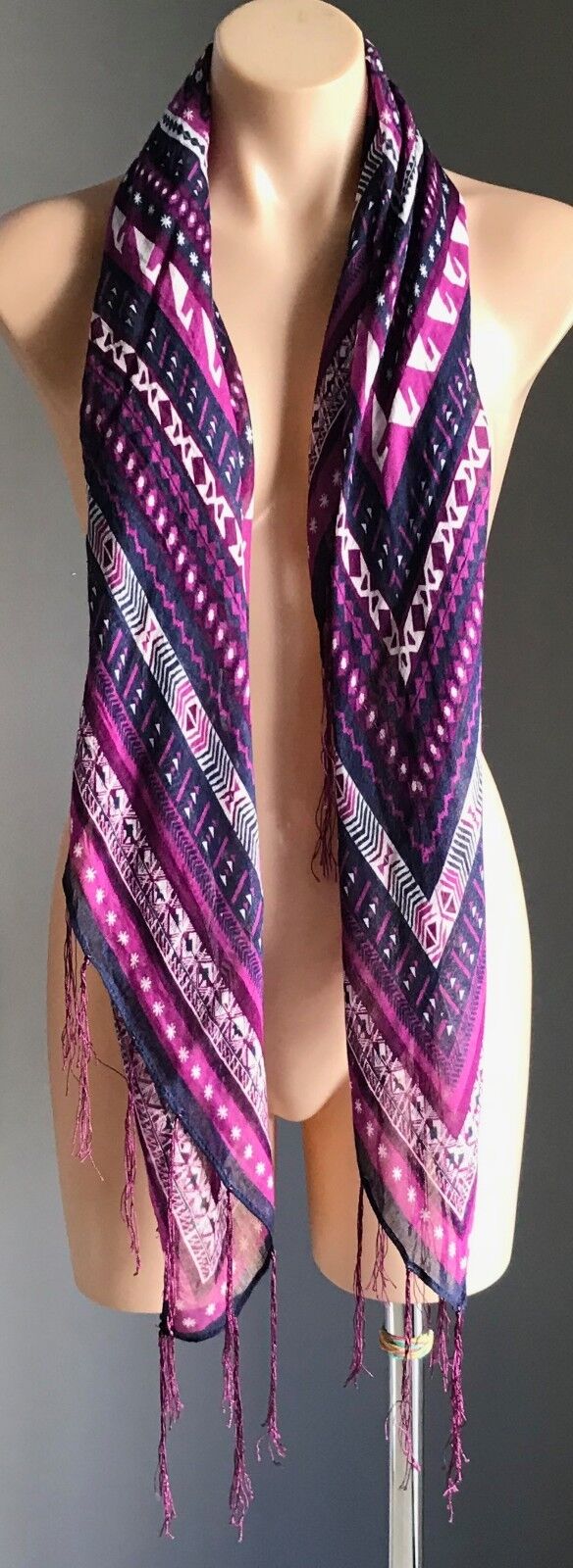 Square Neck SCARF Multi Print fringed Light Wrap Shawl Pink Navy off white boho