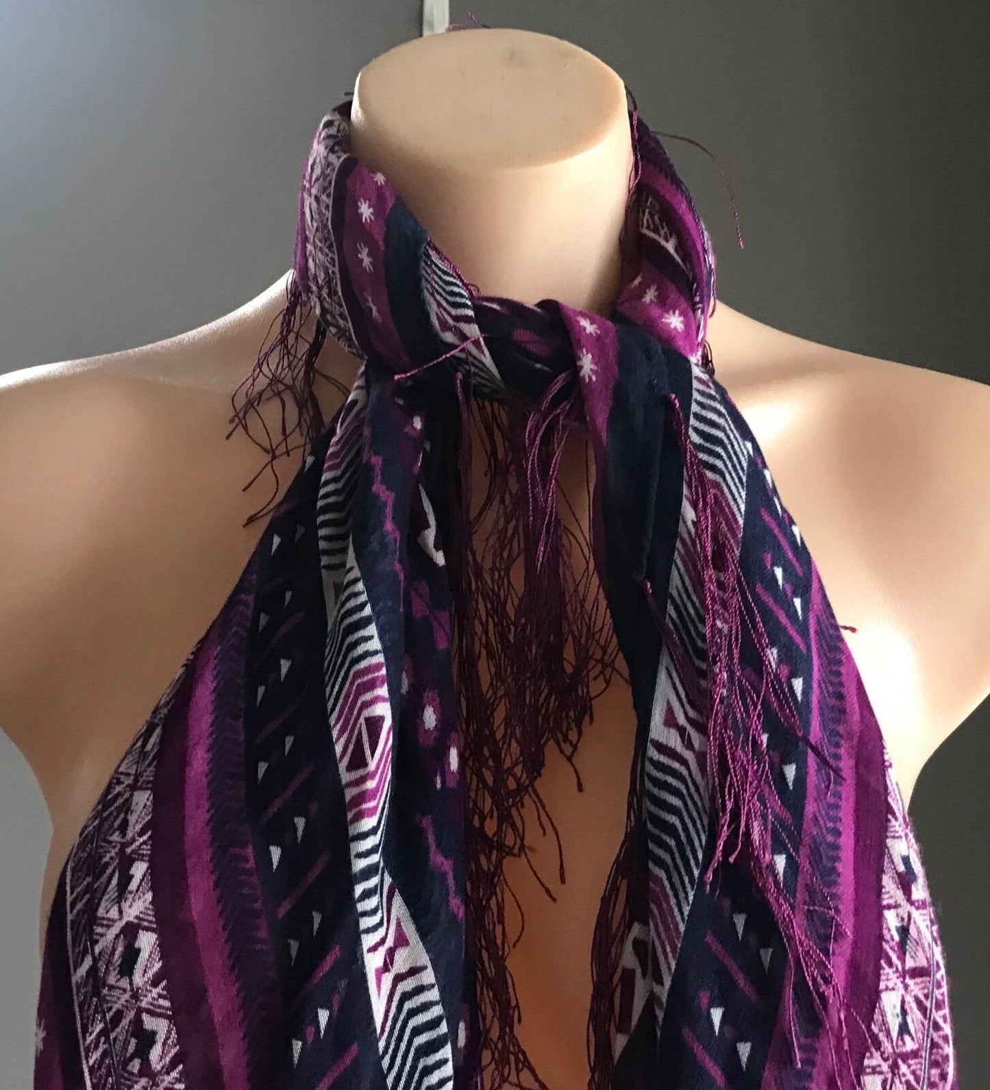 Square Neck SCARF Multi Print fringed Light Wrap Shawl Pink Navy off white boho