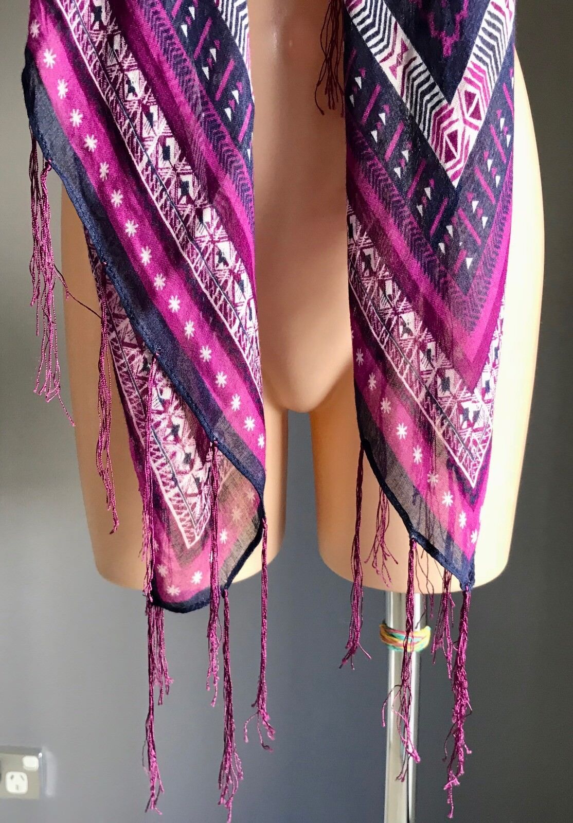 Square Neck SCARF Multi Print fringed Light Wrap Shawl Pink Navy off white boho